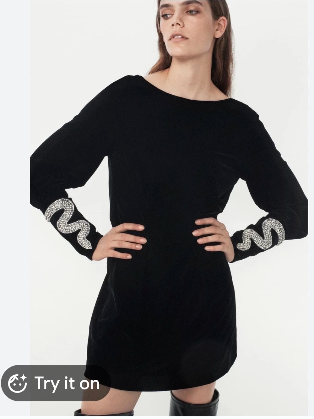 Zara Black Velvet Mini Dress with Crystal-Embellished Sleeves